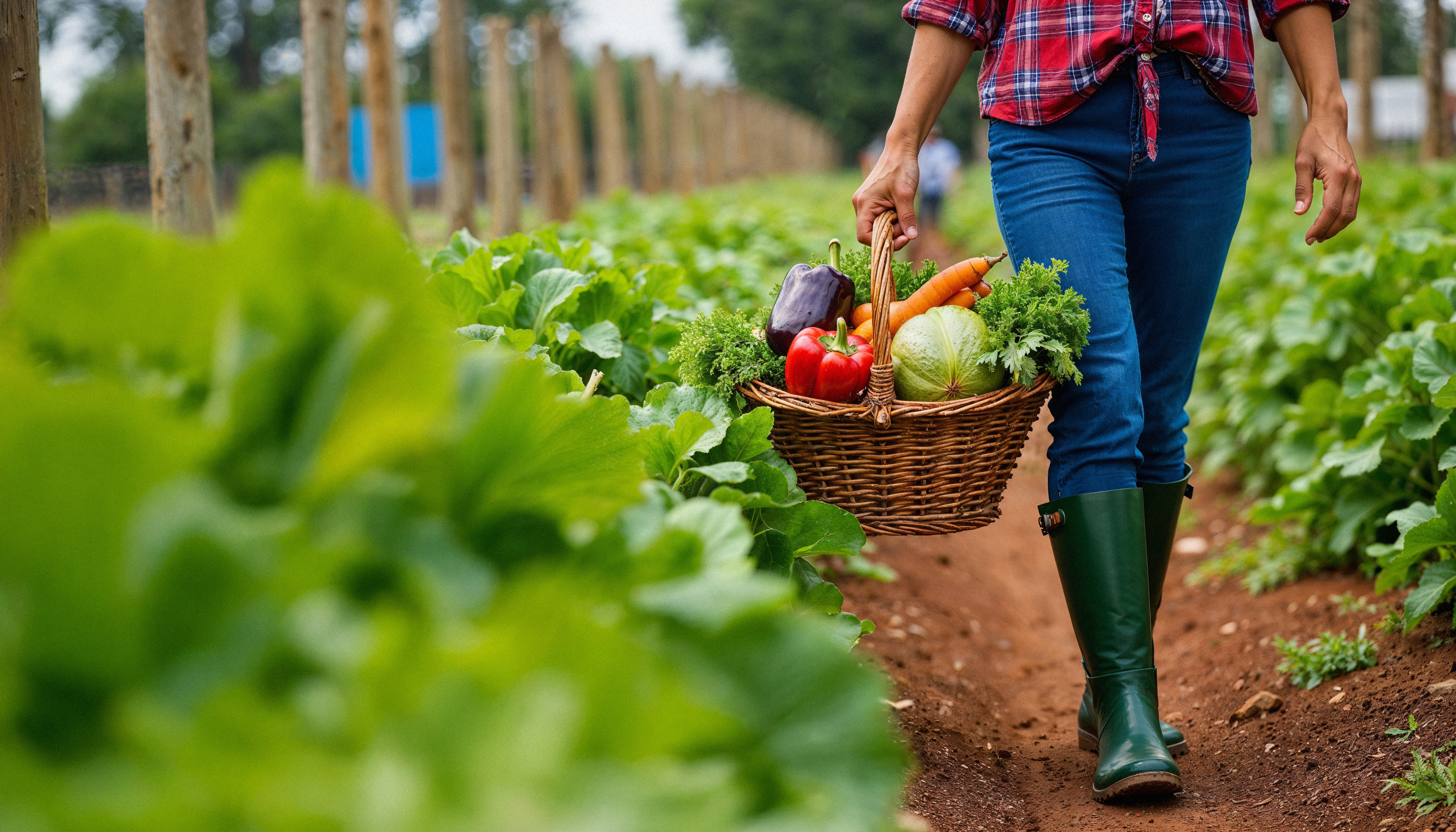 ගොවිපලක නැවුම් එළවළු කූඩයක් අතැතිව සිටින පුද්ගලයෙක්